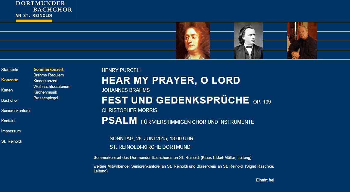 Blue program of the Dortmund Bachchor, featuring Henry Purcell, Johannes Brahmns, and Christopher Morris.